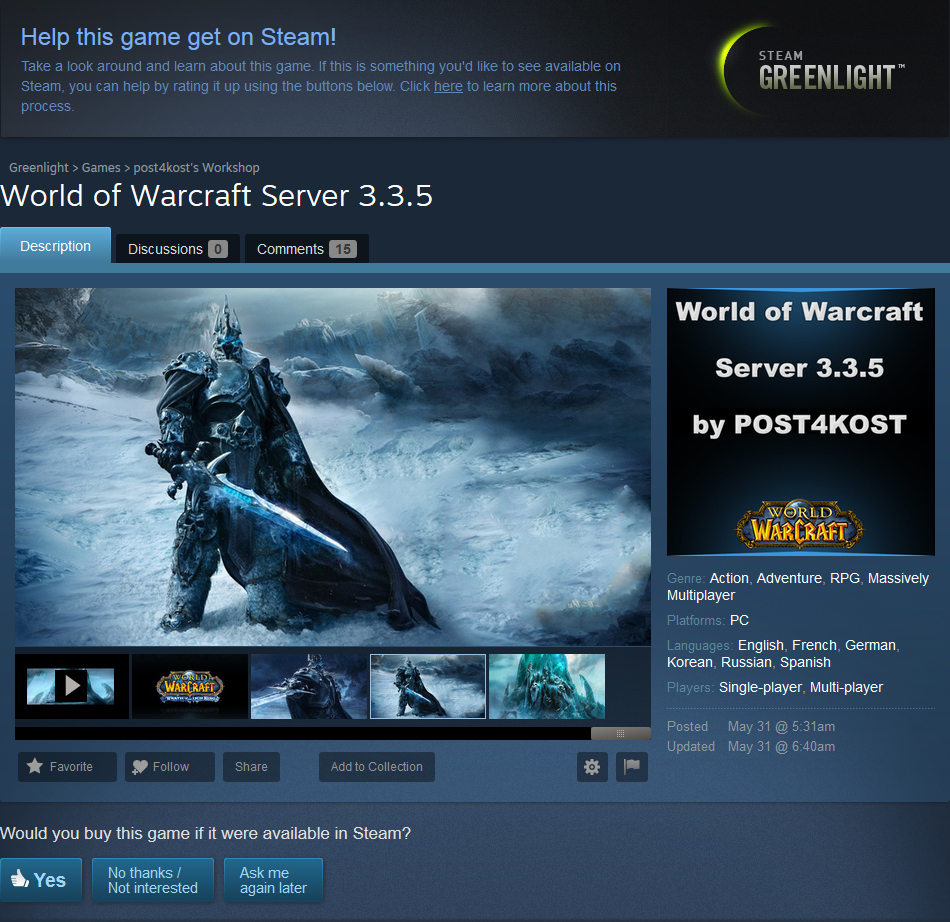 World Of Warcraft Private Software Attempting To Get Onto Steam