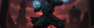 Martial arts fighter with glowing fists in dramatic fantasy battlefield with crimson lighting and ancient ruins