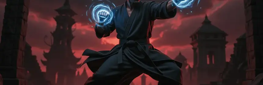 Martial arts fighter with glowing fists in dramatic fantasy battlefield with crimson lighting and ancient ruins