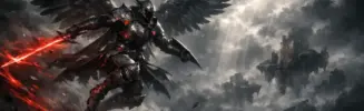Winged warrior in aerial combat against stormy sky in Aion 2 MMORPG
