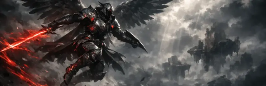 Winged warrior in aerial combat against stormy sky in Aion 2 MMORPG