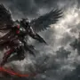 Winged warrior in aerial combat against stormy sky in Aion 2 MMORPG