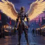 Angelic warrior with wings at fantasy marketplace in Aion 2's world of Atreia