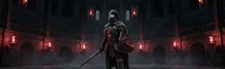 Dark fantasy warrior in arena with dramatic red lighting and gothic architecture