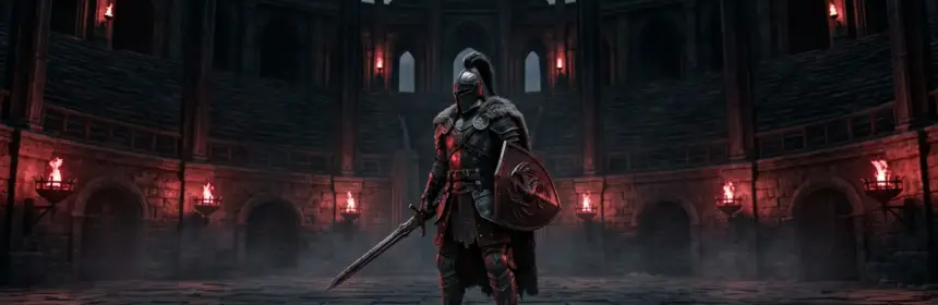 Dark fantasy warrior in arena with dramatic red lighting and gothic architecture