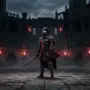 Dark fantasy warrior in arena with dramatic red lighting and gothic architecture