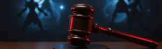 Courtroom gavel with fantasy game elements representing Blizzard's lawsuit against WoW private server