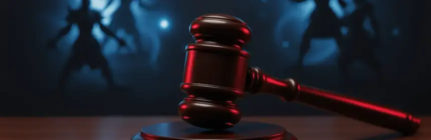 Courtroom gavel with fantasy game elements representing Blizzard's lawsuit against WoW private server