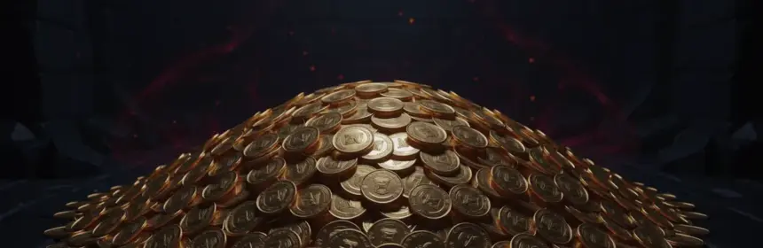 Glowing gold coins scattered in dark WoW treasure chamber with red magical wisps
