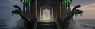 Ancient serpent temple rising from dark waters with glowing green venom and carved snake statues