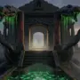 Ancient serpent temple rising from dark waters with glowing green venom and carved snake statues