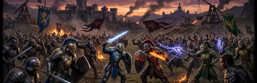 Elder Scrolls Online alliance warriors battling in Cyrodiil PvP campaign at twilight