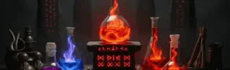 Elder Scrolls Online alchemical laboratory with glowing hybrid potions and mystical Mundus Stones