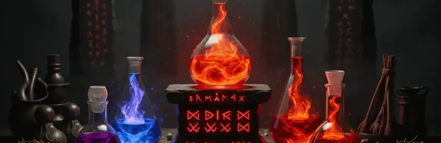 Elder Scrolls Online alchemical laboratory with glowing hybrid potions and mystical Mundus Stones