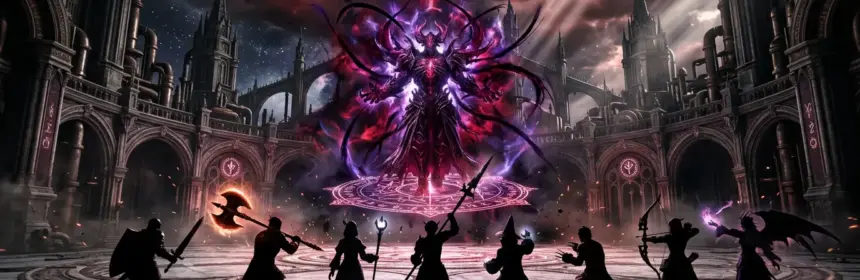 Epic Final Fantasy XIV Ultimate raid boss encounter with eight adventurers facing towering cosmic threat