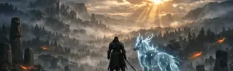 Guild Wars 3 warrior overlooking mystical Orr wilderness with spirit mount at dawn