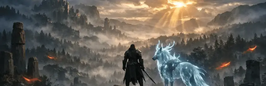 Guild Wars 3 warrior overlooking mystical Orr wilderness with spirit mount at dawn