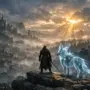 Guild Wars 3 warrior overlooking mystical Orr wilderness with spirit mount at dawn