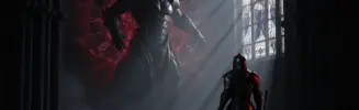 Warrior confronting massive raid boss in dark cathedral with time manipulation effects in Lost Ark