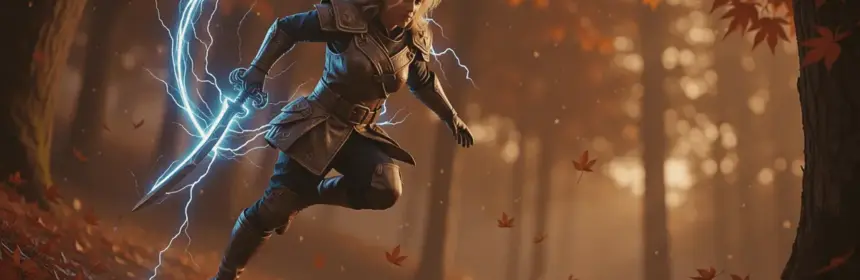 Lightning warrior leaping through maple forest with electric energy and swirling autumn leaves