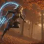 Lightning warrior leaping through maple forest with electric energy and swirling autumn leaves