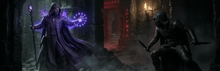 Enchanter and Rogue characters in atmospheric dungeon setting for Pantheon Rise of the Fallen PTR update