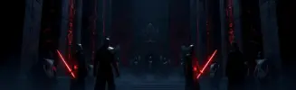 Ancient Sith fortress Khar Shian with Mandalorian warriors and Sith Lords in dramatic confrontation scene