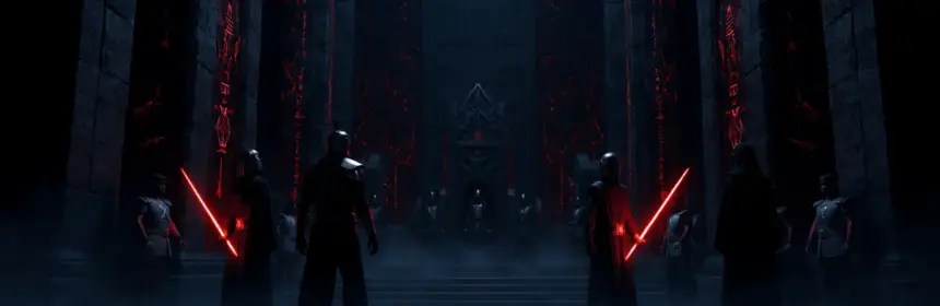 Ancient Sith fortress Khar Shian with Mandalorian warriors and Sith Lords in dramatic confrontation scene