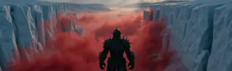 Armored warrior with gauntlets overlooking frozen wasteland shrouded in crimson fog