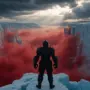Armored warrior with gauntlets overlooking frozen wasteland shrouded in crimson fog