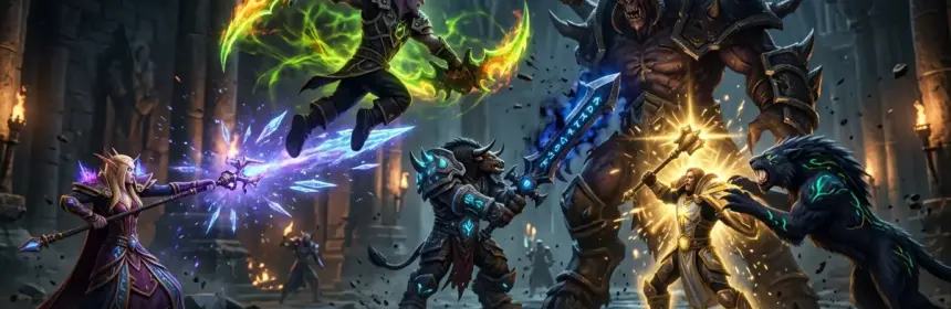 World of Warcraft characters in combat showing multiple classes with spell effects and abilities