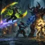 World of Warcraft characters in combat showing multiple classes with spell effects and abilities