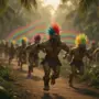 Darkspear trolls racing through Echo Isles jungle with rainbow magical trails in World of Warcraft