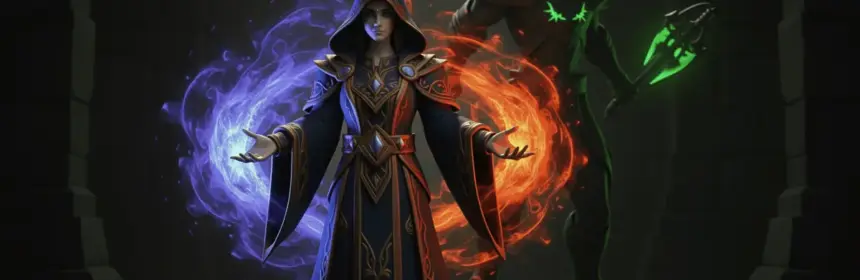 World of Warcraft mage and demon hunter characters with magic effects in atmospheric dungeon setting