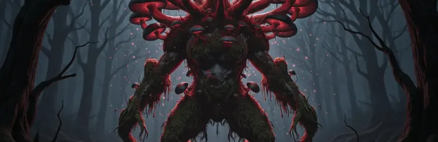 Rotmire fungal colossus boss in WoW Midnight Sporefall raid surrounded by dark corrupted forest atmosphere