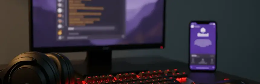 Gaming desk setup showing WoW client and Discord app integration for guild communication