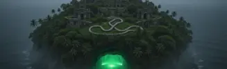 Mysterious tropical island with ancient ruins and glowing cave entrance over dark ocean waters