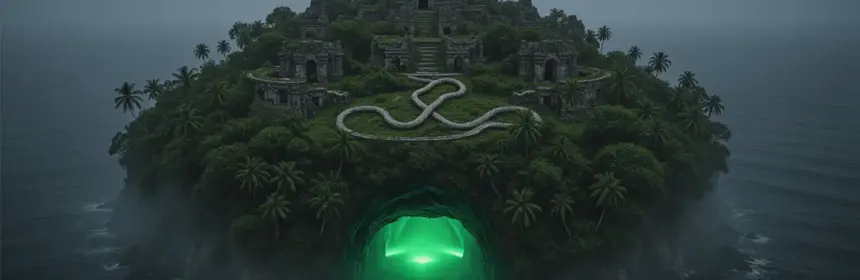 Mysterious tropical island with ancient ruins and glowing cave entrance over dark ocean waters
