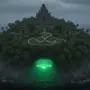 Mysterious tropical island with ancient ruins and glowing cave entrance over dark ocean waters