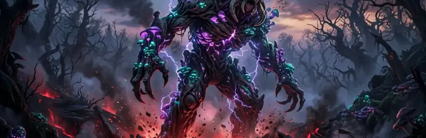 Massive fungal giant boss emerging from void-corrupted ground in dark fantasy WoW raid environment