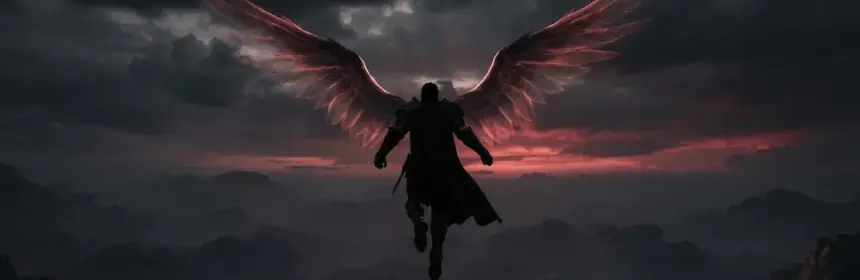 Winged warrior silhouette soaring through dramatic sunset sky in Aion 2 MMORPG