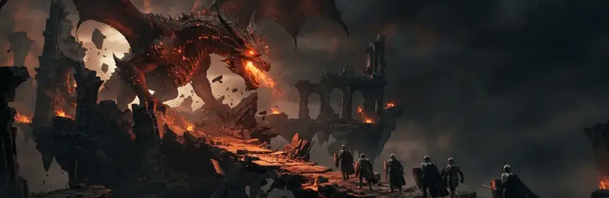 Massive fire dragon on floating ruins with warrior silhouettes approaching in Albion Online Dragonfire update