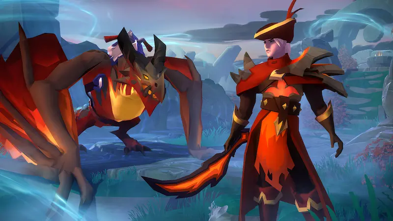 Digital art of a warrior in red armor standing beside a large red and orange dragon in a fantasy landscape