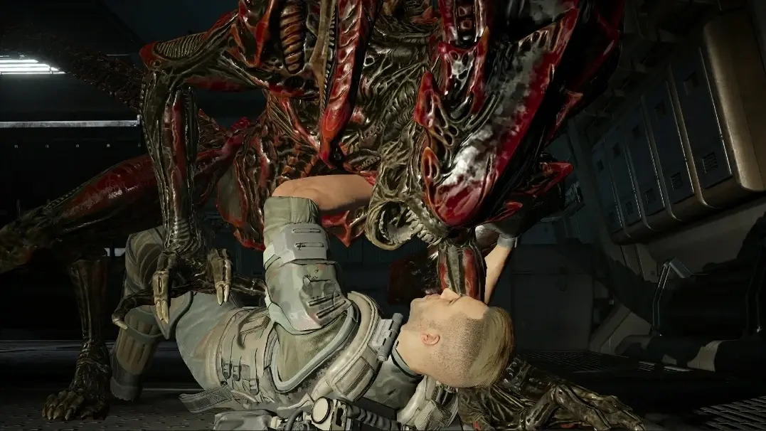 A Xenomorph alien pinning a Colonial Marine to the floor in a futuristic corridor
