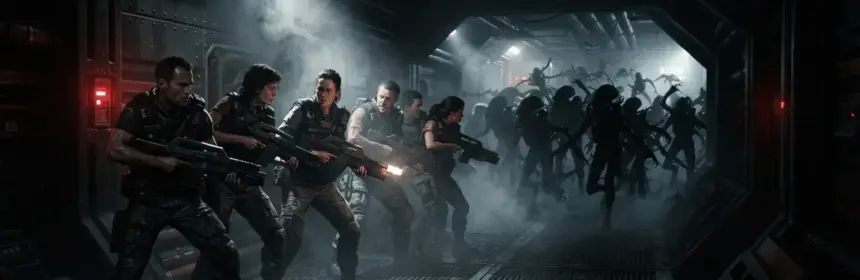 Colonial Marines squad facing Xenomorph swarm in dark industrial corridor with dramatic lighting