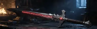 Ornate fantasy greatsword with glowing red runes on dark forge workbench in Throne and Liberty