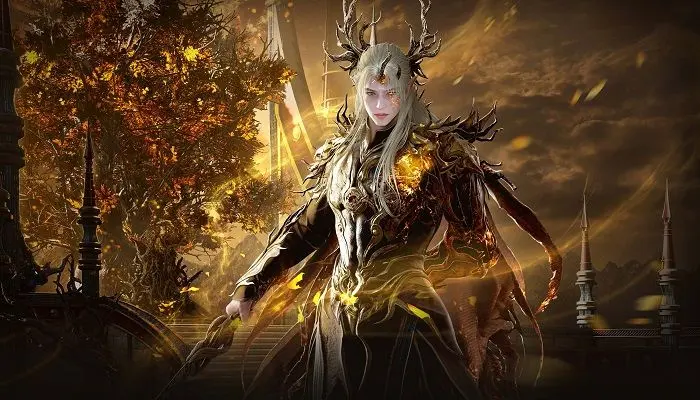 Concept art of a pale male figure with antlers and golden armor amidst a glowing autumn forest