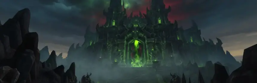 Black Temple entrance in Shadowmoon Valley with dramatic lighting and fel energy