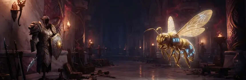 Magical bee mount hovering in elven training hall with spellbreaker armor and scattered props in WoW
