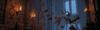 WoW Midnight player housing interior with glitching furniture suspended in broken physics system